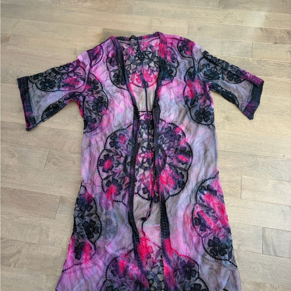 Floral Lace Women's Robe - Pink and Black